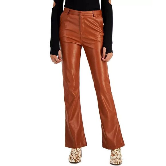 EN SAISON Faux-Leather Flare-Leg Pants High Waist Brown Size Small - Picture 1 of 11